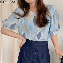 Korejpaa Women Blouses Summer Korean Fashion Retro Elegant O-neck Rhombic Plaid Design Loose Short Sleeve Shirt Top Female 210526