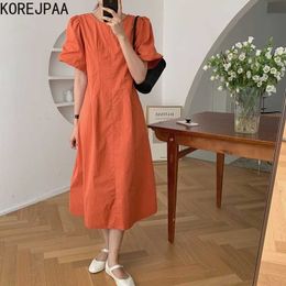 Korejpaa Women Dress Summer Korean Chic French Temperament Round Neck Lace Hollow Pleated Solid Colour Puff Sleeve Vestidos 210526