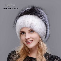 Russian Fashionable mink fur hat woman winter warm knitted natural and water drill Ski Hat 211228