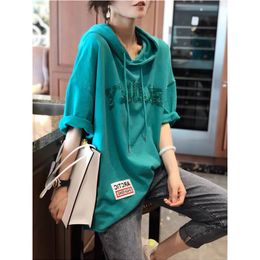 Spring Summer New Fashion Women Loose Casual Hooded T-shirt Sequin Embroidery Letter Tee Shirt Femme Tops Plus Size M03 210306