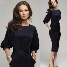 New Women Spring Dress Office Lady Mod-Calf Pencil Dress With Sashes Lantern Sleeve Slim Bodycon Business Party Dress Vestidos Y1006