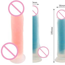 Nxy Dildos New 4 Colors Double Layer Liquid Silicone Artificial Simulation Dildo Fluorescent Luminous Penis Female Masturbator Sex Products 0105