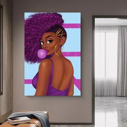 Blow Bubbles Black Girl Canvas Painting Purple Wall Art Posters Prints Scandinavian Style Room Decoration Pictures Frameless