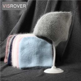 VISROVER 9 colorways rabbit fur cat ears woman winter hat solid color autumn beanies matched Warm soft bonnet skullies Gift 211229