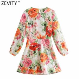 Zevity Women Sweet Tropical Floral Print Mini Dress Chic Female Sexy Back Hole Side Zipper Summer Casual Slim Vestido DS8363 210603