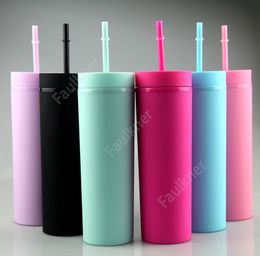 Acrylic tumblers 16oz Matte Colored Tumblers with Lids Straws Double Wall Plastic Vinyl DIY Gifts sea shipping DAF261