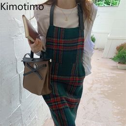 Kimotimo Dress Sets Women Korean Autumn O-neck Solid Off-shoulder Loose T-shirt + Vintage Halter Wool Plaid Long Strap Dresses 220302