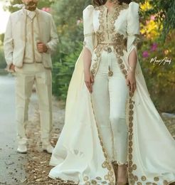 Moroccan Caftan Pants Evening Dresses Lace Appliques cape Long Sleeve Off Shoulder arabic Prom Dress with pant suit CG001