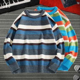 Korean Round Neck Kintted Sweater Mens Outerwear Trendy Handsome Male Knitwear Spring Autumn Striped Streetwear Pull Homme Brand Y0907
