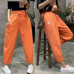 Womens Harem Trousers Spring Summer Cotton Linen loose Pants Solid Elastic waist Soft thin Female ladys trousers 211124