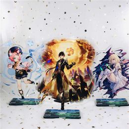 Anime Figure Genshin Impact Zhongli Venti Keqing Laser Acrylic Stand Model Plate Desk Decor Standing Sign Keychain Fans Gifts Y0901