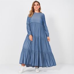 Summer Women Long Dress Fashion Sweet Pure Blue O-neck Pleated Cake Loose Big Swing Long Sleeve Party Maxi Dresses Robe 4XL 210719