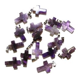 Natural Stone Cross-shaped Amethysts Pendant Necklace Charms for Jewellery Making DIY Necklaces Size 18x25mm