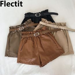 Flectit Women Paperbag Leather Shorts With Belt Front Pocket Fall Winter Faux Leather Wide Leg High Waist Shorts Khaki Outfit * 210317