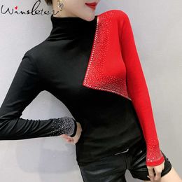 Spring Fall Korean Style T-Shirt Chic Sexy Contrast Color Shiny Diamonds Women Cotton Tops Ropa Mujer Long Sleeve Tees T00406A X0628