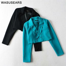 Women jacket double breasted blazer casual cropped women solid long sleeve coat with pocket black loose 210930