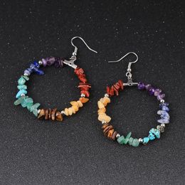 Dangle & Chandelier Reiki 7 Chakra Natural Stone Beads Colorful Chip Gravel Round Hoop Earrings For Women Big Circle Statement Jewelry Gift