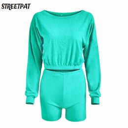 Ribbed Sport 2 Piece Sets Womens Outfits Long Sleeve Crop Top + Elastic Biker Shorts Sets Casual Tracksuit Fitness SweatSuit Y0625