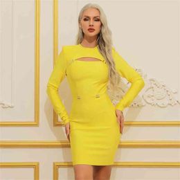 Arrival Women Sexy Designer Yellow Bandage Dress Ladies Elegant Long Sleeve Hollow Out Bodycon Party Vestido 210527