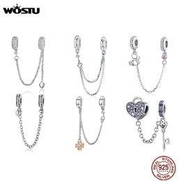 100% 925 Sterling Silver The Key to Heart Silicon Safety Chain Charm Fit Wostu Original Beads Bracelet Jewellery CQC606