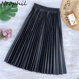 Neophil Ladies Black PU Fur Faux Leather Midi Skirt Thick Winter Pleated High Waist Vintage Mid-calf Women Longa Saia S2010 210621