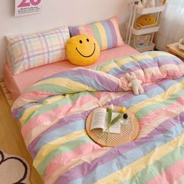 Kawaii Fashion Rainbow Bedding Set 100% Cotton Flat Bed Sheet And Pillowcases Luxury Korean Style Princess Full Queen Bed Sets C0223