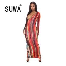 Wholesale Dresses Woman Party Night Club Sexy Fashion Outfits Colourful Striped Printed Deep V Neck Long Sleeve Maxi 210525