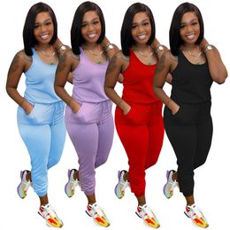 Women Jumpsuits Summer overalls solid color onesie casual Rompers sleeveless Bodysuits pocket One piece pants 5388