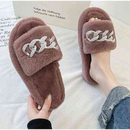 Women Slippers Fur Winter Shoes Home Chain Warm Flat Shoe Autumn Elegant Fluffy Plus Size Elegant House Female Footwear 2021 New H1115