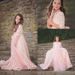 Amazing Blush Pink Lace and Tulle Flower Flower Girl Dress Bateau Neck Fluffy A Line Girls Formal Dresses with Delicate Flowers