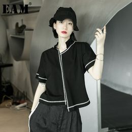 [EAM] Women Black Line Stitch Irregular Big Size T-shirt New V-collar Short Sleeve Fashion Tide Spring Summer 2021 1X004 210306
