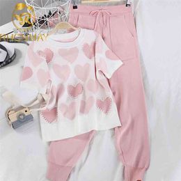 2 Piece Sets Womens Knit Outfits Love Heart Short Sleeve O-neck Tops+ Lace Up Waist Ankle Harem Pants Two Piece Set 210709