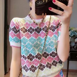 Summer Sweet 2021 Contrast Flower Embroidery Women Top Cute O-Neck Short Sleeve Casual Slim T-Shirt High Quality Pullovers B-072 C0304