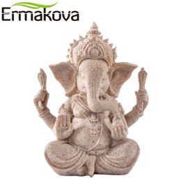 ERMAKOVA 13cm(3.5")Tall Indian Ganesha Statue Fengshui Sculpture Natural Sandstone Craft Figurine Home Desk Decoration Gift 211105