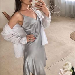 Women Sexy Deep V Neck Satin Dresses Spaghetti Strap Pyjamas Party Dress Elegant Solid Colour Female Dress Homewear Vestidos 210309