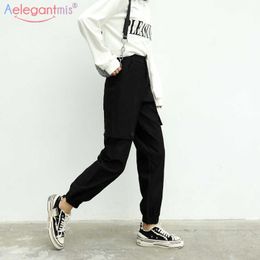 Aelegantmis Casual Pockets Cargo Pants Women Joggers Black High Waist Loose Female Trousers Hip Hop Korean Style Ladies 210607