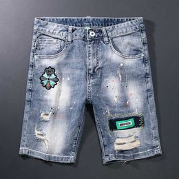 Summer Ly Fashion Men Jeans Shorts Retro Blue Patches Designer Destroyed Ripped Denim Hip Hop Short Homme 2CQL