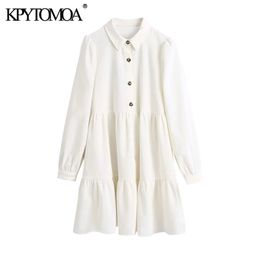 KPYTOMOA Women Sweet Fashion Ruffled Corduroy Mini Dress Vintage Lapel Collar Long Sleeve With Buttons Female Dresses Mujer 210309