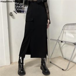 Skirts Harajuku Vintage Black Long Skirt Goth Punk High Waist Slit Women Streetwear Big Pocket Outfits Autumn 2021