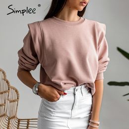 Simplee Casual slim ladies sweatshirt Pink knitted women streetwear pullover Basic long sleeve autumn women outwear tops 201113