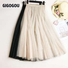 GIGOGOU Summer Mesh Women Pleated Skirt Solid High Waist A Line Tulle Skirts Chic Long Maxi Tutu Skirt Holiday Beach Tulle Skirt 210309
