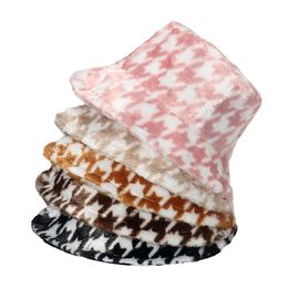 Winter Panama Caps Outdoor Faux Fur Houndstooth Bucket Hats Fishing Caps For Women Ladies