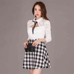 patchwork Sexy mini korean ladies white long Sleeve lace Plaid nightclub Party Dress for women china clothing 210602