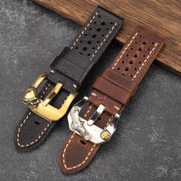 26mm strap UK - Watch Bands Handmade Leather Watchband Breathable Strap 20 22 24 26MM Hole Bronze Buckle Accessories