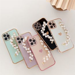 Love Gilded Plating Cases With Pearl Bracelet Wristband for iPhone 12 Pro Max Mini 7/8 Plus Protective Back Cover 5 Colours