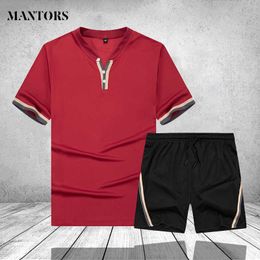 men's T-shirt Sports Shorts Set summer high quality running set Male Two Piece Tracksuit Plus Size Whie Red Casual Sweatsuit Men X0610