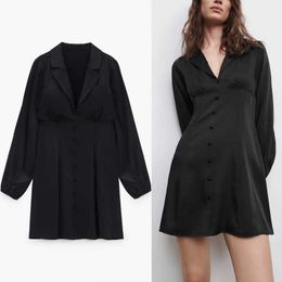 Za Satin Mini Black Dress Women Vintage Long Puff Sleeve Office Lady Dresses Female Chic Front False Buttons Fitted Vestido 210602