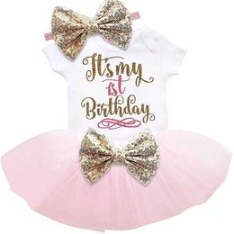 Retail toddler baby girls glitter letter birthday romper+tutu skrit +band 3pcs clothes set children cotton 210529