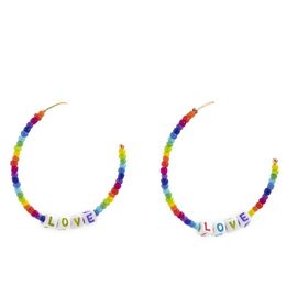 Bohemian Rainbow Colour Beads Stud Earrings C-shaped Love Letter Ear Drop European Women Acrylic Rice Beaded Alloy Dangle Earring Jewellery Wholesale