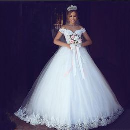 ZJ9143 2021 Ballkleid aus der Schulter Brautkleider kurze Ärmel Brautkleid Weiß Elfenbein Spitze Appliques